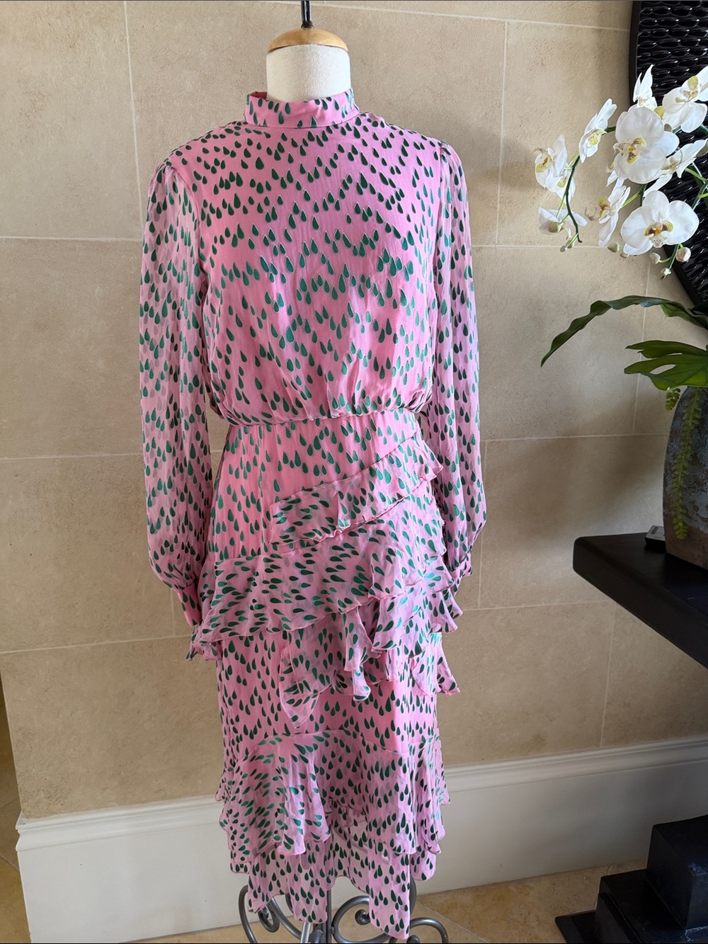 SALONI Pink Dress with Green Teardrop Print